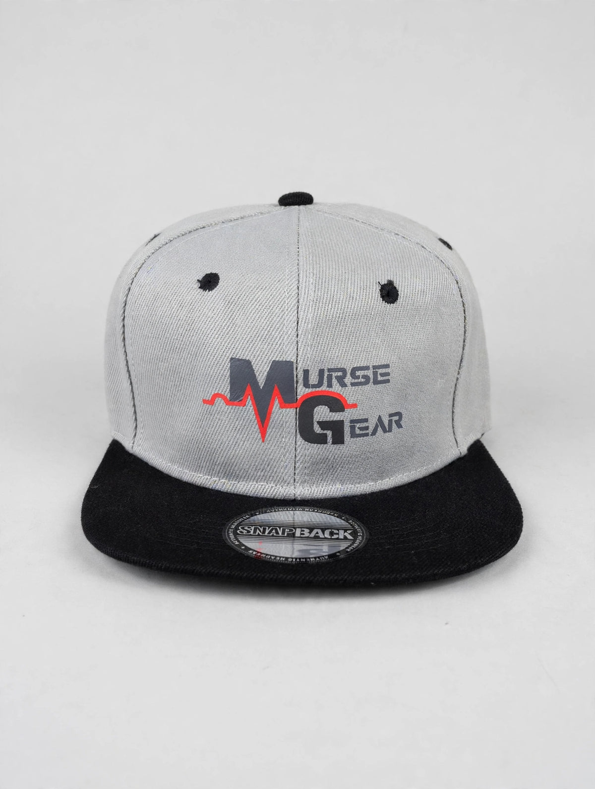Gray and black Murse Gear flat bill snapback with MURSE GEAR logo - studio front view on light gray background