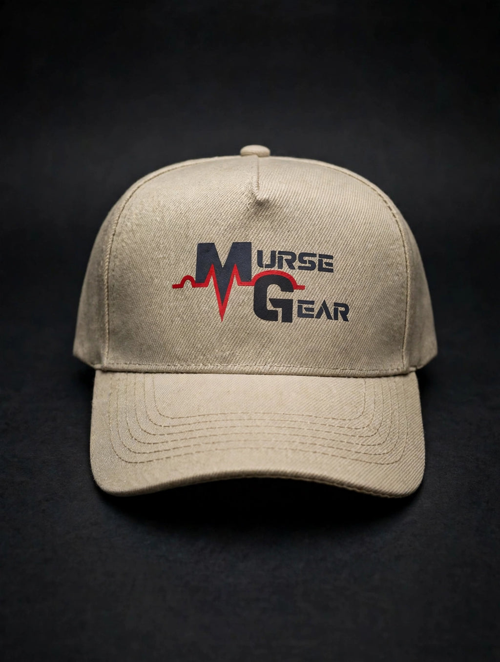 Tan Murse Gear cap with MURSE GEAR logo - hero shot on dark charcoal background