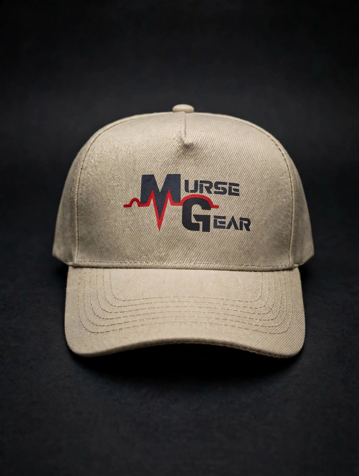 Tan Murse Gear cap with MURSE GEAR logo - hero shot on dark charcoal background